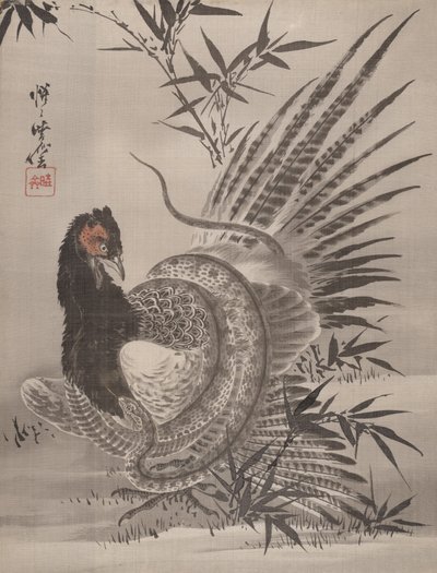 Fazant gevangen door een slang, ca. 1887 door Kawanabe Kyosai
