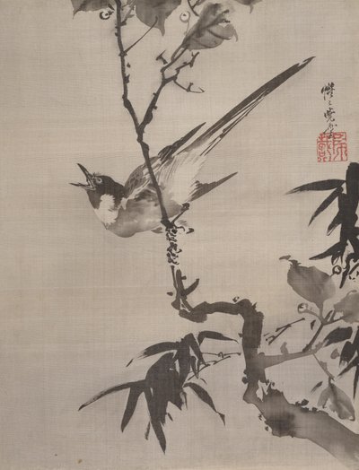 Zingende vogel op een tak, ca. 1887 door Kawanabe Kyosai