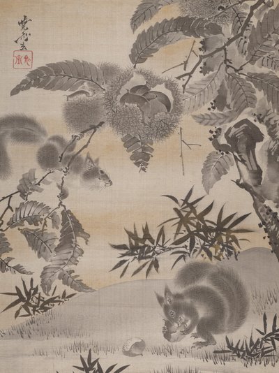 Eekhoorns verzamelen kastanjes, ca. 1887 door Kawanabe Kyosai