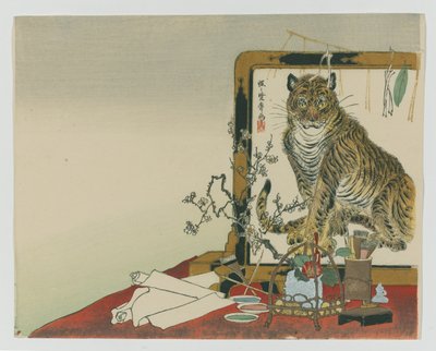 Staand scherm (Tsuitate) van een tijger, 1878 (houtsnede kleurdruk) door Kawanabe Kyosai