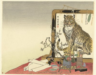 Stilleven met schildersgerei en kamerscherm door Kawanabe Kyosai