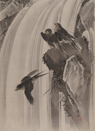 Zwaluwen bij een waterval, ca. 1887 door Kawanabe Kyosai