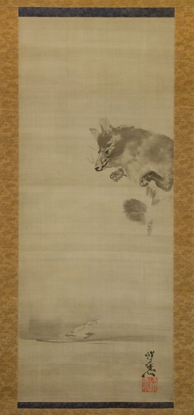 Tanuki Wasbeerhond die zijn Reflectie in Water Bekijkt, late 19e eeuw door Kawanabe Kyosai