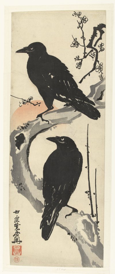Twee kraaien zittend op een tak van een bloeiende pruimenboom bij ondergaande zon door Kawanabe Kyosai