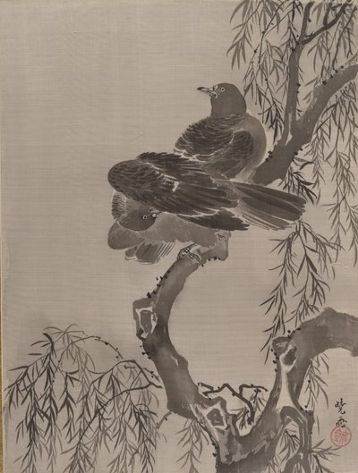 Twee vogels op een tak, ca. 1887 door Kawanabe Kyosai
