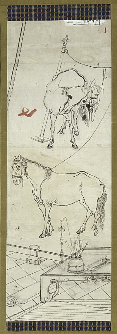 Twee paarden in Chinese stijl, één van zes schetsen door Kawanabe Kyosai
