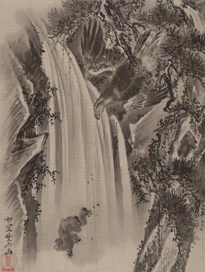 Waterval, adelaar en aap, ca. 1887 door Kawanabe Kyosai