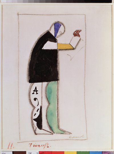De verteller. Kostuumontwerp voor de opera De overwinning op de zon door Kazimir Severinovich Malevich