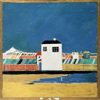 Landschap met een wit huis. door Kazimir Severinovich Malevich
