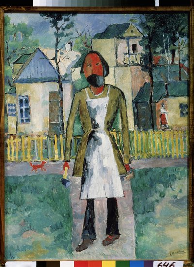 Een timmerman. De ambachtsman staat voor een dorp, gekleed in zijn werkschort en met gereedschap in elke hand. door Kazimir Severinovich Malevich
