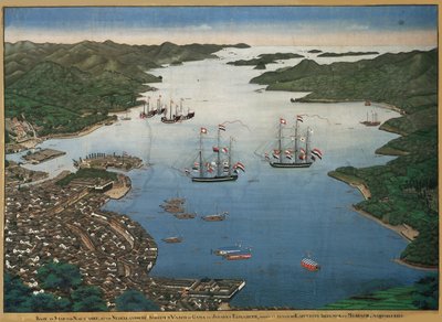 Het eiland Deshima in de baai van Nagasaki met de schepen Vasco da Gama en Johanna, ca. 1825 door Keiga Kawahara