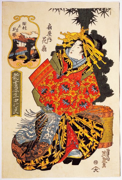Courtisane Hanaogi van Ogiya huis bij de lentestoet van courtisanes, circa 1830, ukiyo-e kunstdruk door Keisai Eisen (1790-1848), Oban tate-e houtsnede, 38.5 x 25.7 cm, Japanse beschaving, Edo-periode door Keisai Eisen