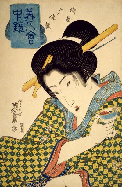 Halflang portret van jonge vrouw met beker in haar hand, circa 1830, ukiyo-e door Keisai Eisen, spiegel met mooie vrouwen serie, selectie van zes hedendaagse schoonheden, oban gevormde houtsnede, Japanse beschaving, Edo-periode door Keisai Eisen