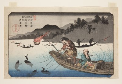 Nr. 55, Kodo: Aalscholver vissersboten op de Nagae-rivier door Keisai Eisen