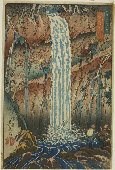 Achteruitkijkende watervallen, een van de drie watervallen (Urami-ga-taki, santaki no sono ikkei), uit de serie "Beroemde plekken in de bergen van Nikko (Nikkosan meisho no uchi)". door Keisai Eisen
