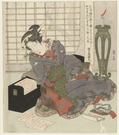 Een geisha leunt op de doos van haar shamisen door Keisai Eisen