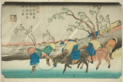 Nr. 20: Regen op de Hiratsuka-vlakte bij Kutsukake Station, uit de serie 