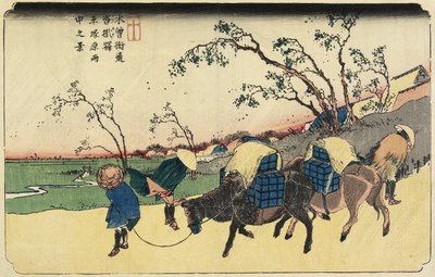 Nr. 20: Uitzicht op Hiratsukahara in de regen nabij Kustukake Station, 1830-1844 door Keisai Eisen