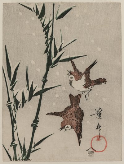 Mussen, Bamboe en Vallende Sneeuw, ca. late 1820s door Keisai Eisen