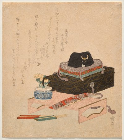 Stilleven met een keramische strelende os (Nadeushi) door Keisai Eisen