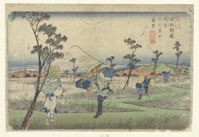 Vergezicht op de fonteinvormige berg Fuji gezien vanaf Konosu door Keisai Eisen