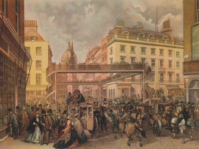 Ontwerp voor een nieuwe voetgangersbrug bij de kruising Ludgate Hill en Fleet Street, City of London door Kell Brothers