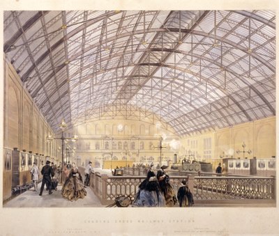 Interieur van Charing Cross Station met treinen en het ijzeren dak, Londen door Kell Brothers