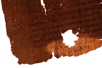 Detail van de slotpagina van het Evangelie van Judas, laatste regel van de tekst leest "Het Evangelie van Judas" door Kenneth Garrett