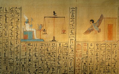 Papyrus uit het graf van Maiherpri; Vallei der Koningen; Ba verlaat graf; weging van het hart door Kenneth Garrett