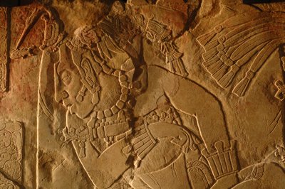 Tempel 19 troonbank, Palenque, Mexico, gravure van Akhal Mo Nab, 2005 door Kenneth Garrett