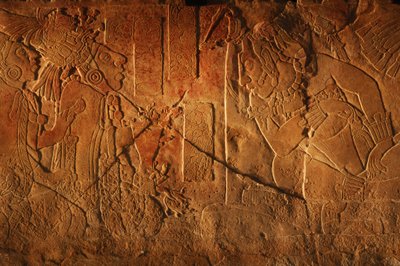 Tempel 19 troonbank, Palenque, Mexico, gravure van Akhal Mo Nab door Kenneth Garrett