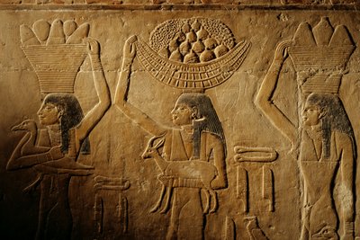 Vrouwen die brood, vogel, geit en producten dragen, graf van Tiye, Egypte; Oude Rijk; Saqqa... door Kenneth Garrett