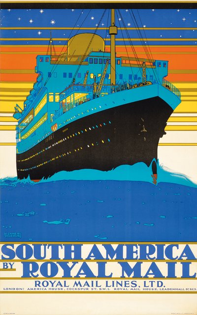 Poster die Zuid-Amerika adverteert door Royal Mail Lines door Kenneth Shoesmith