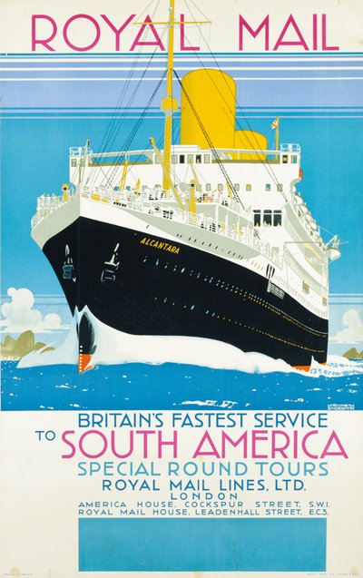 Poster die de Royal Mail-service naar Zuid-Amerika adverteert, c.1930 door Kenneth Shoesmith