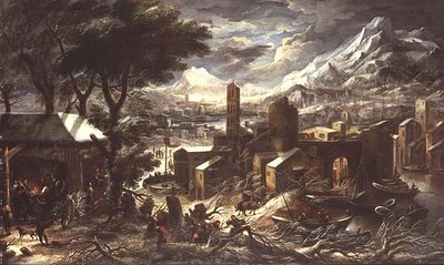 Een uitgestrekt Alpen winterlandschap door Kerstiaen de (circle of) Koninck