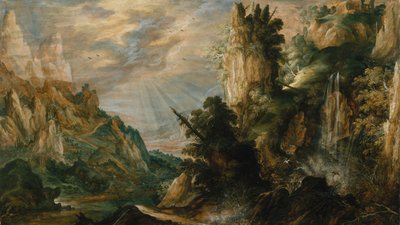 Een bergachtig landschap met een waterval, ca. 1600 door Kerstiaen de Keuninck