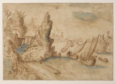 Denkbeeldig kustlandschap met vissersboten, 1575-1633 door Kerstiaen de Keuninck