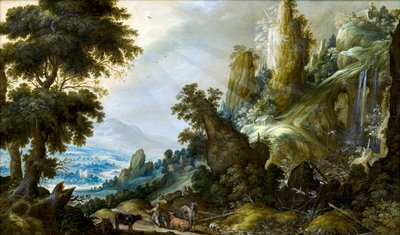 Berglandschap met waterval door Kerstiaen de Keuninck