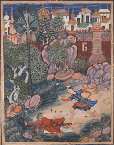 Umar loopt rond Fulad Kasteel, ontmoet een voetsoldaat en schopt hem tegen de grond, ca. 1570 door Kesav Das