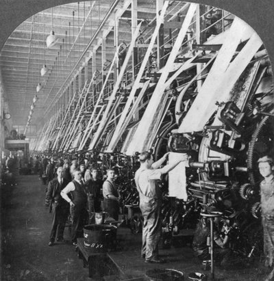 Algemeen overzicht van een grote drukkerij in een katoenfabriek, Lawrence, Massachusetts, VS, 20e eeuw door Keystone View Company