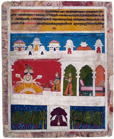 Een dame op een terras biedt het oude Vedische rituele offer aan Brahma, ca. 1725 door Khambavati Ragini