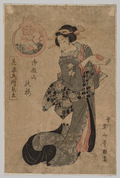 Courtisane met sakekop en rol, 1787-1867 door Kikugawa Eizan