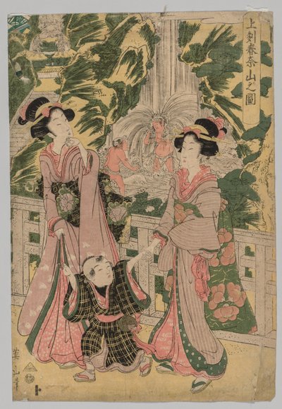 Twee Meisjes en Kind op Tempelbrug, 1787-1867 door Kikugawa Eizan