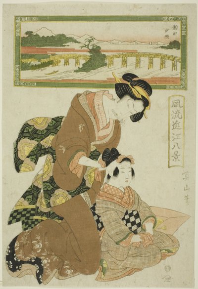 Avondgloed bij Seta (Seta sekisho), uit de serie "Modieuze Acht Zichten van Omi (Furyu Omi hakkei)" door Kikukawa Eizan