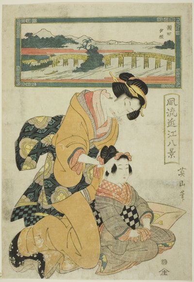 Avondgloed bij Seta (Seta sekisho), uit de serie "Modieuze Acht Zichten van Omi (Furyu Omi hakkei)" door Kikukawa Eizan