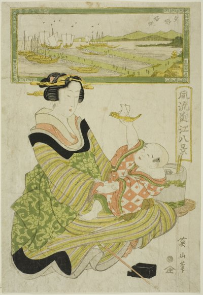 Terugkerende Zeilen bij Yabase (Yabase kihan), uit de serie "Modieuze Acht Zichten van Omi (Furyu Omi hakkei)" door Kikukawa Eizan