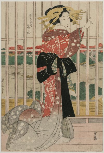 De Courtisane Meizan van de Chojiya op een Balkon met Uitzicht op de Sumida-rivier door Kikukawa Eizan