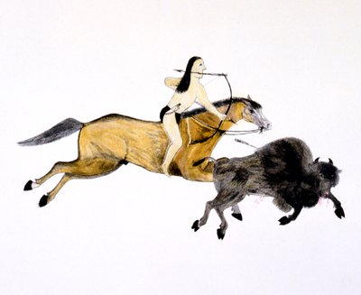Bereden Grand Plains Indiaan die op buffels jaagt met boog en pijl, ca. 1890-ca. 1927 door Kills Two