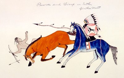 Afwerpen van een Pawnee krijger door Dakota Sioux krijger Zintka Mato Dog Bear, ca. 1889-1927 door Kills Two