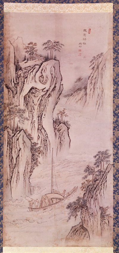 Koreaanse kunst: de terugkeer van Mu-i. Koreaans landschap met boot en steile klif door Kim Hong Do